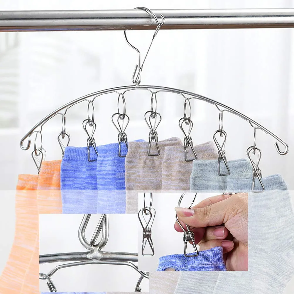 4 PCS Stainless Steel Drying Drip Hanger, Laundry Clothesline Hanging Rack Windproof Drying Rack with 10 Pegs for Underwear Socks Bras Baby Clothes Gloves