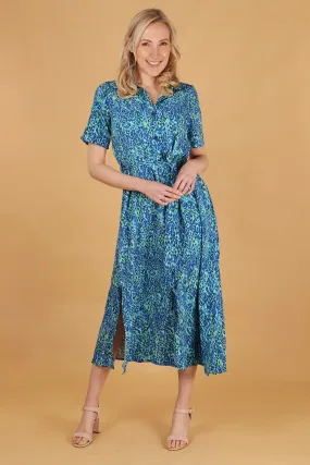 Abstract Print Short Sleeve Button Down Maxi Shirt Dress in Blue