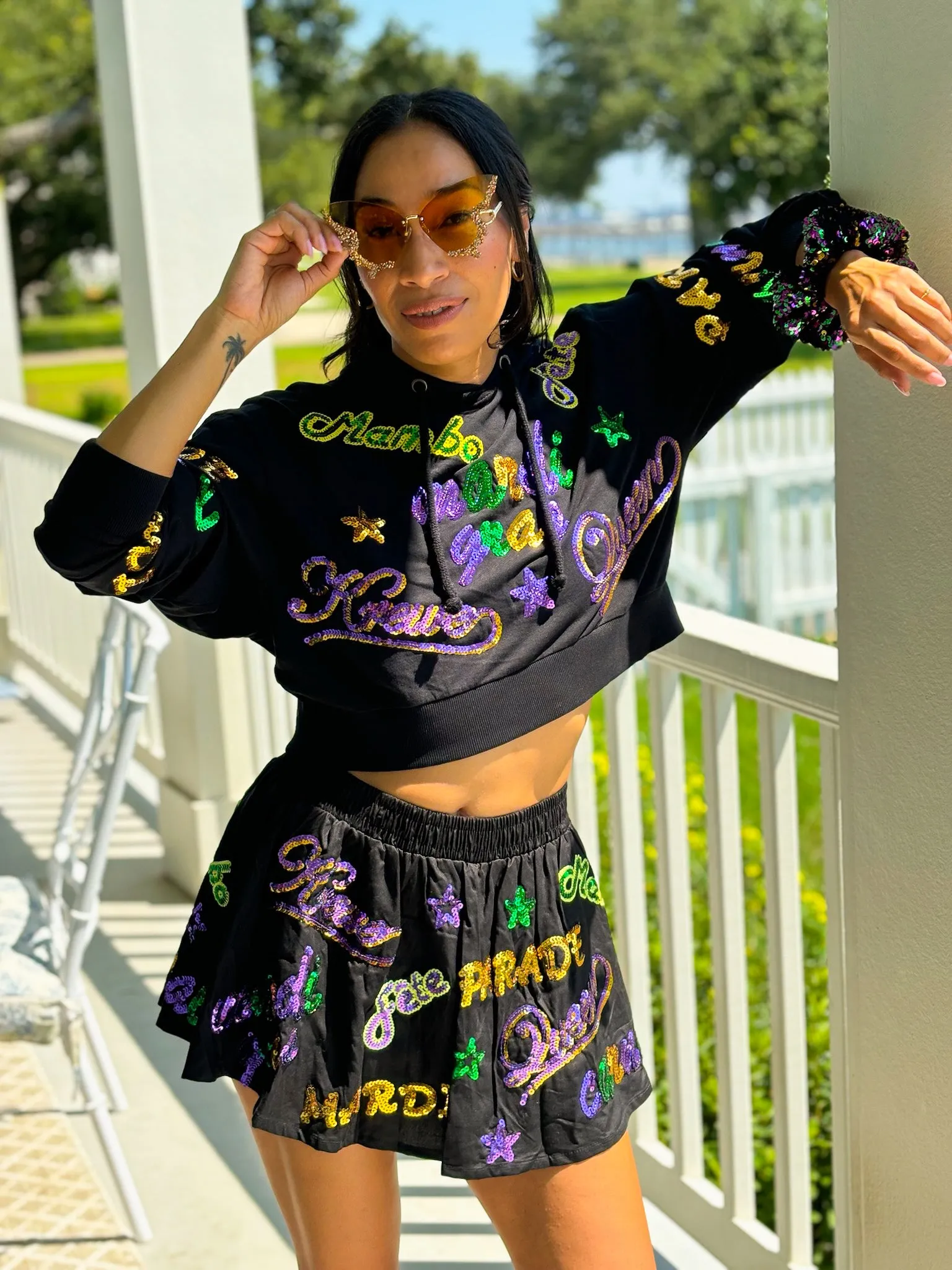 Adult Mardi Explosion Crop Hoodie - Black