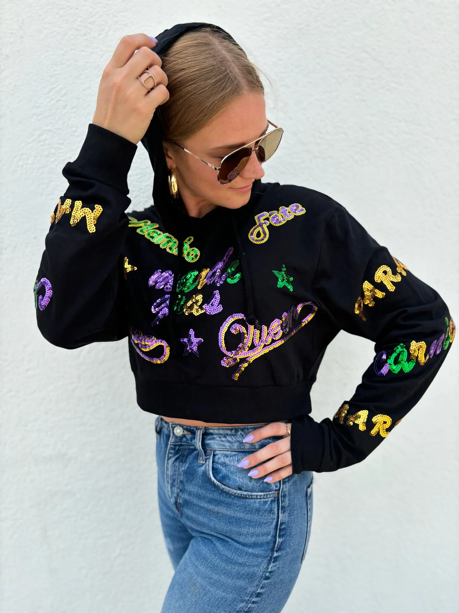 Adult Mardi Explosion Crop Hoodie - Black