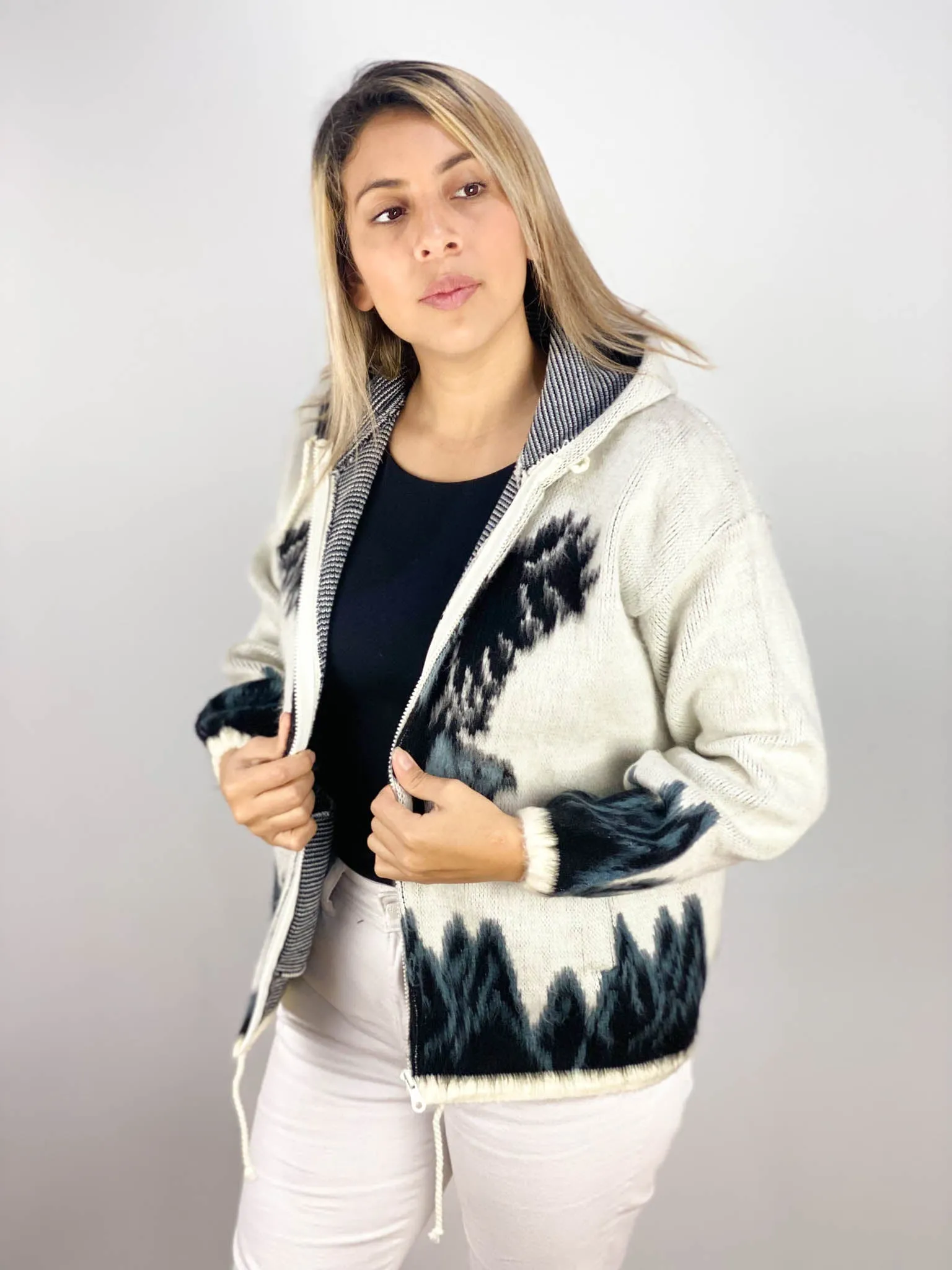 Alpaca Wool Jacket with Hoodie - Native American Style - Eagle