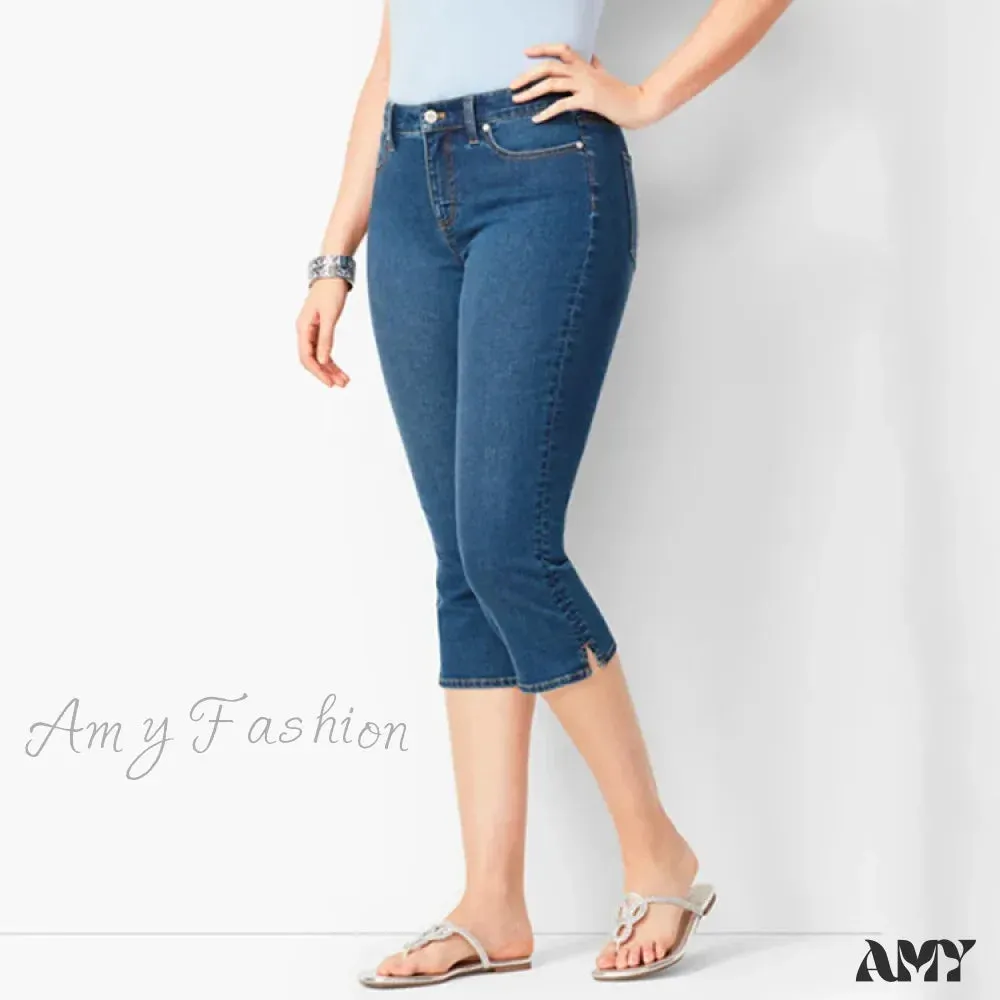 Amy Fashion - Skinny Knee Length Woman's Cropped Trousers Women Elastic High Waist Mom Oversize Blue Denim Pants Ladies Jean