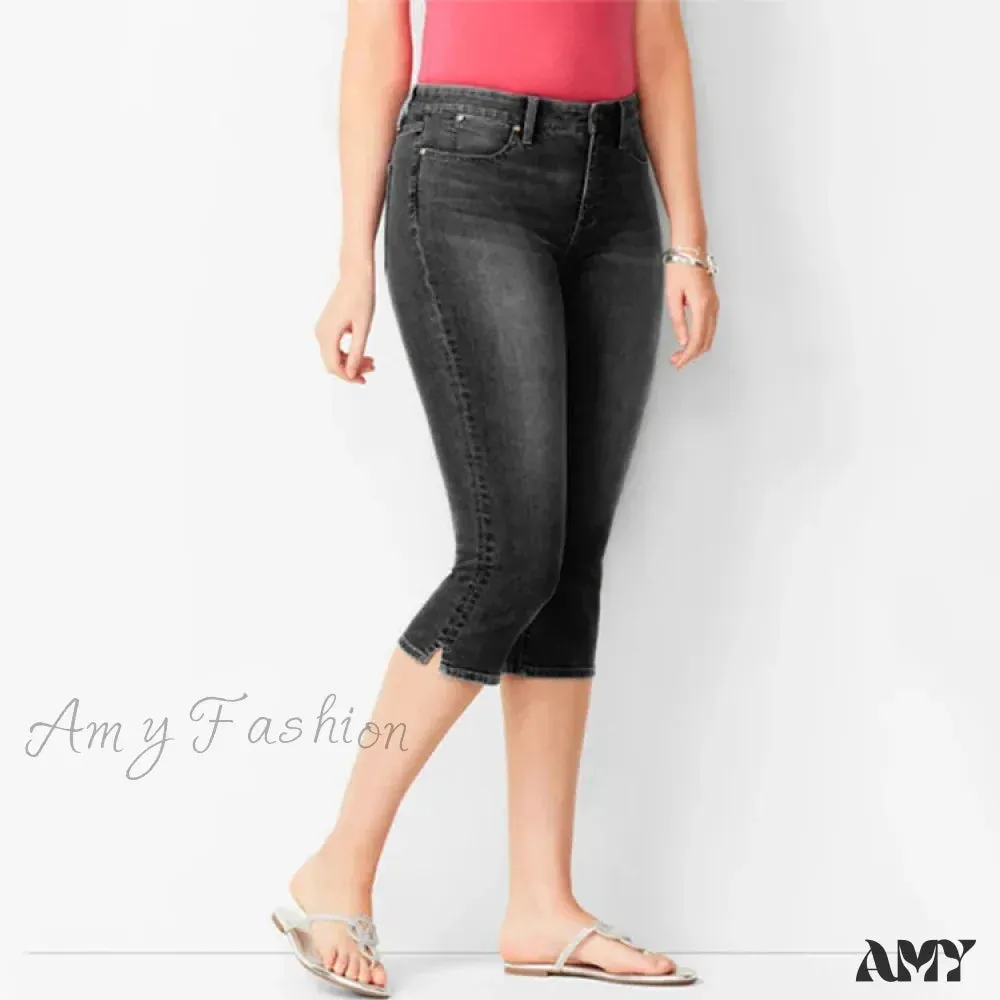 Amy Fashion - Skinny Knee Length Woman's Cropped Trousers Women Elastic High Waist Mom Oversize Blue Denim Pants Ladies Jean