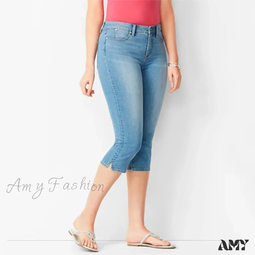 Amy Fashion - Skinny Knee Length Woman's Cropped Trousers Women Elastic High Waist Mom Oversize Blue Denim Pants Ladies Jean
