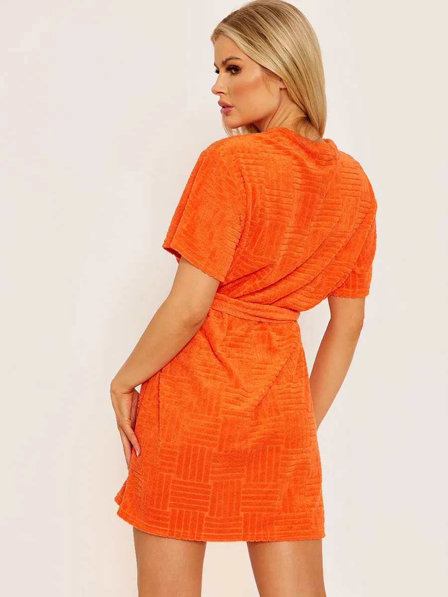 Arya Patterned Towelling T-shirt Dress In Orange