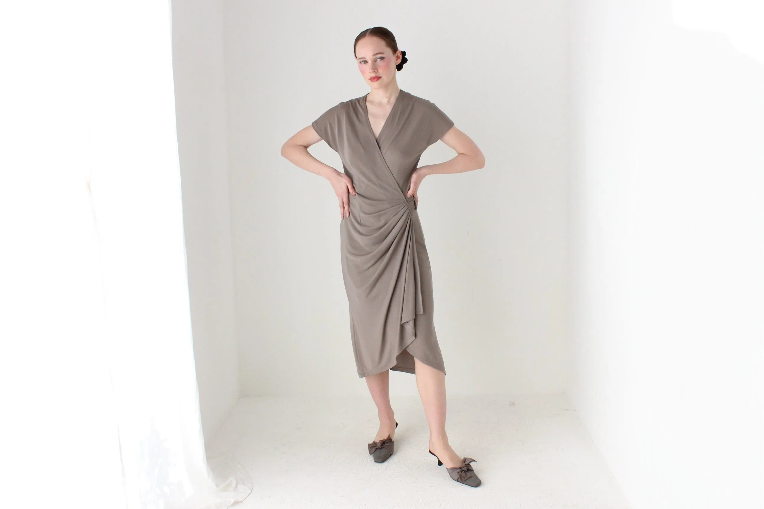 BALLETCORE 90s Neutral Taupe Plunge Wrap Dress