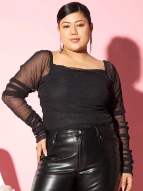 Berrylush Curve Women Solid Glitter Black Square Neck Ruched Sleeves Slip-On Knitted Regular Top