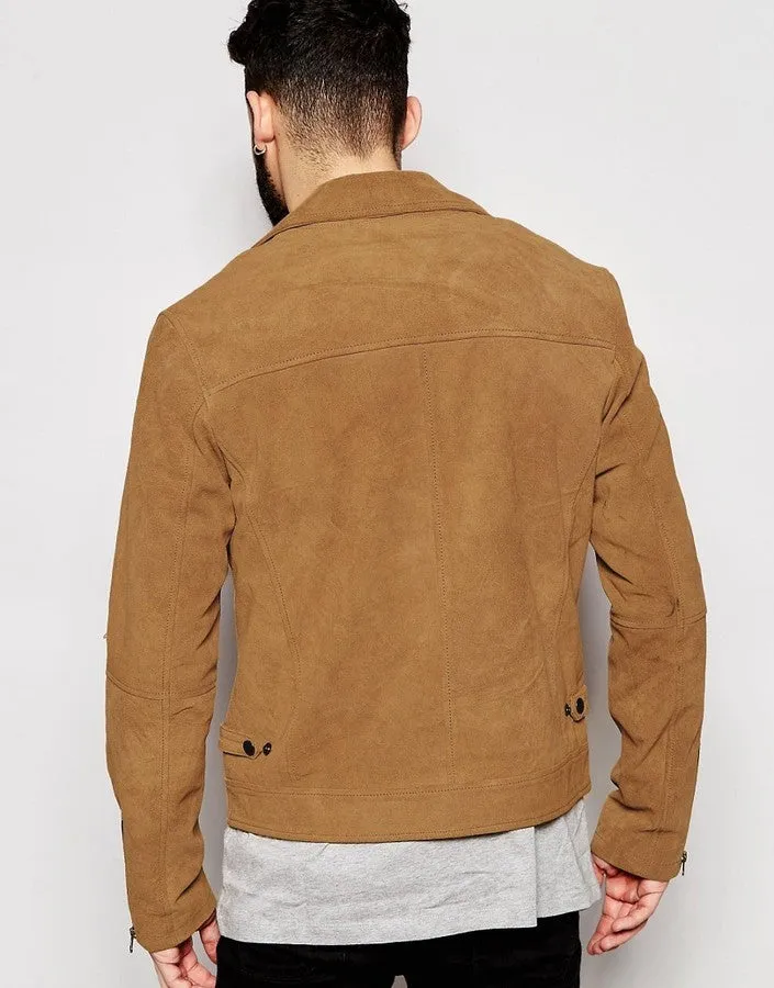 Besmi Tan Leather Suede Jacket Men Biker Motorcycle