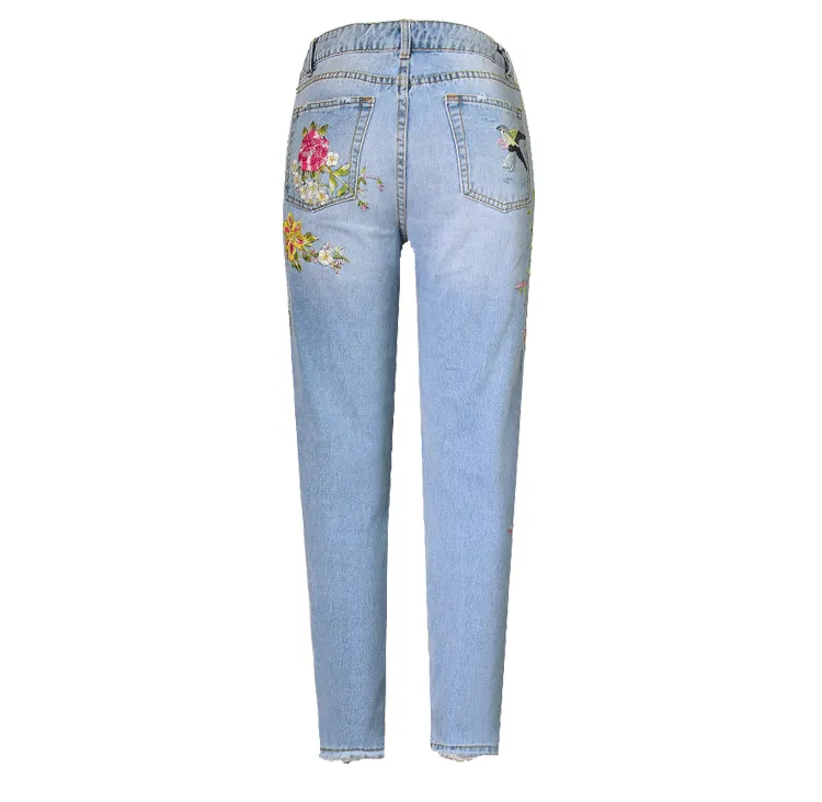 Bird Flower Straight Embroidery Jeans