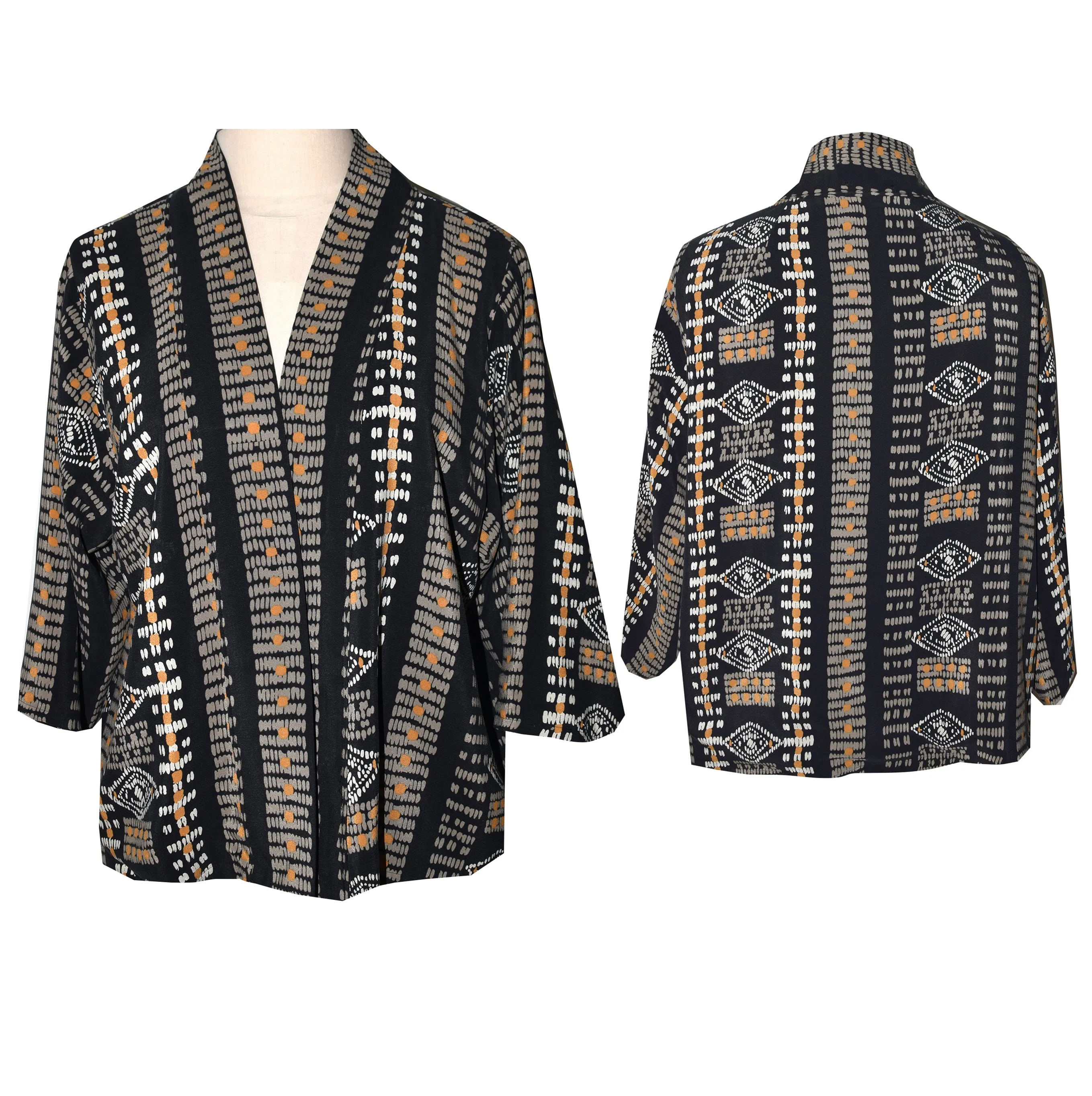 Black Striped Print Lined Silk Kimono Jacket S/M