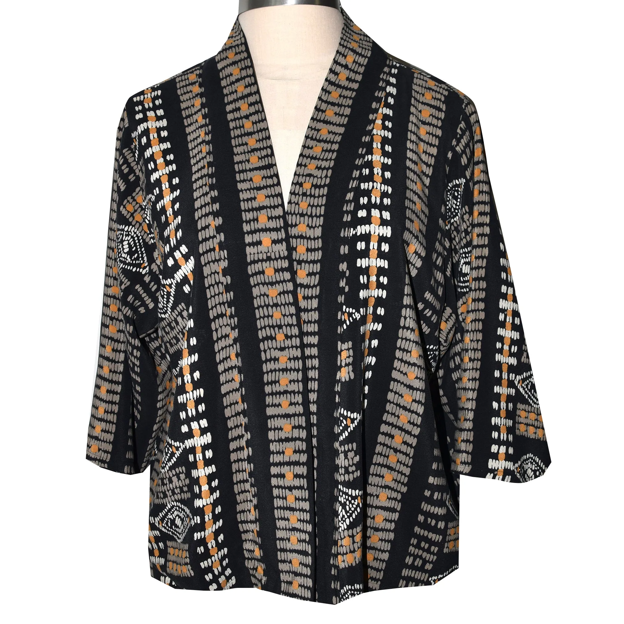 Black Striped Print Lined Silk Kimono Jacket S/M
