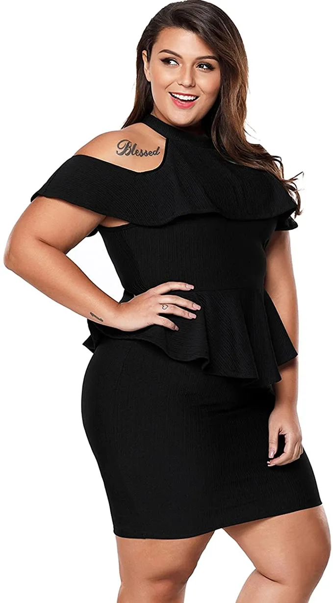 Black Women's Plus Size Cold Shoulder Peplum Dress Bodycon Party Dress - Lalagen