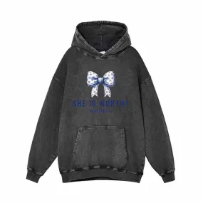 Blue Bow She Is Worthy Vintage Washed Hoodie