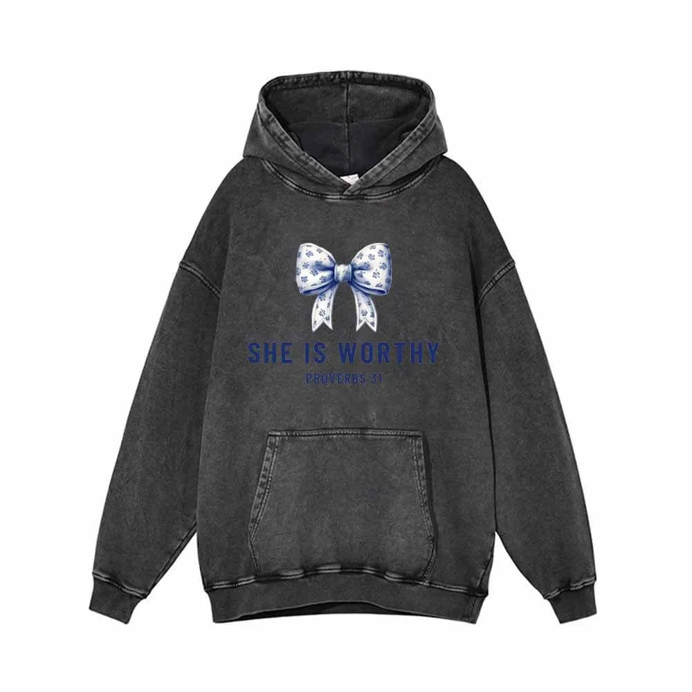 Blue Bow She Is Worthy Vintage Washed Hoodie