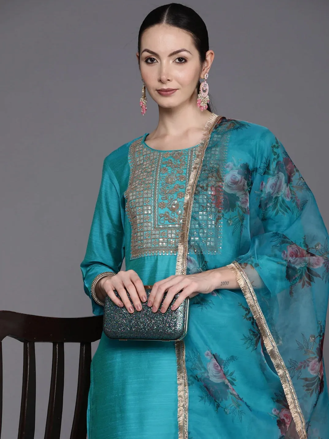 Blue Embroidered Sequinned Kurta Set