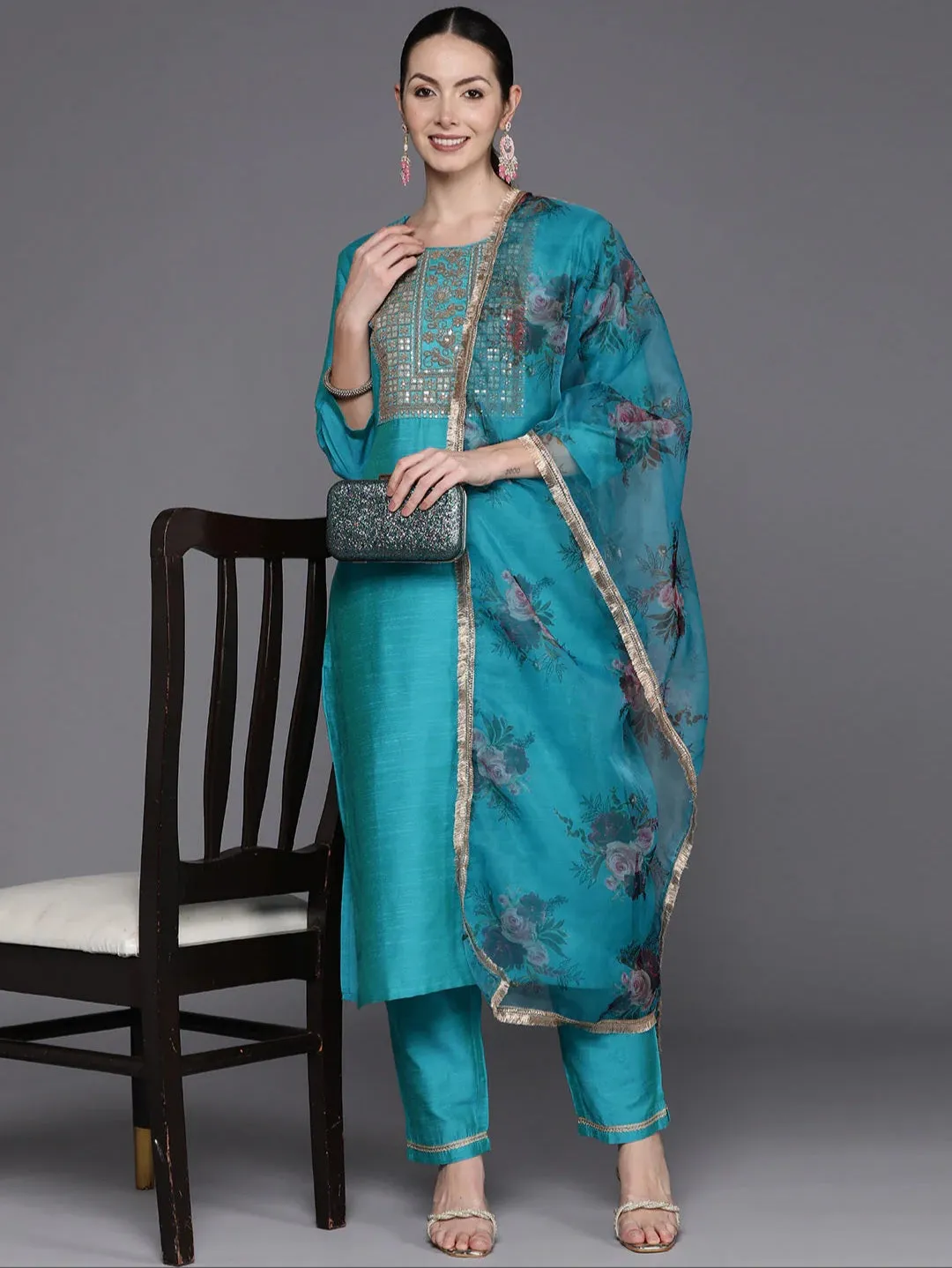 Blue Embroidered Sequinned Kurta Set