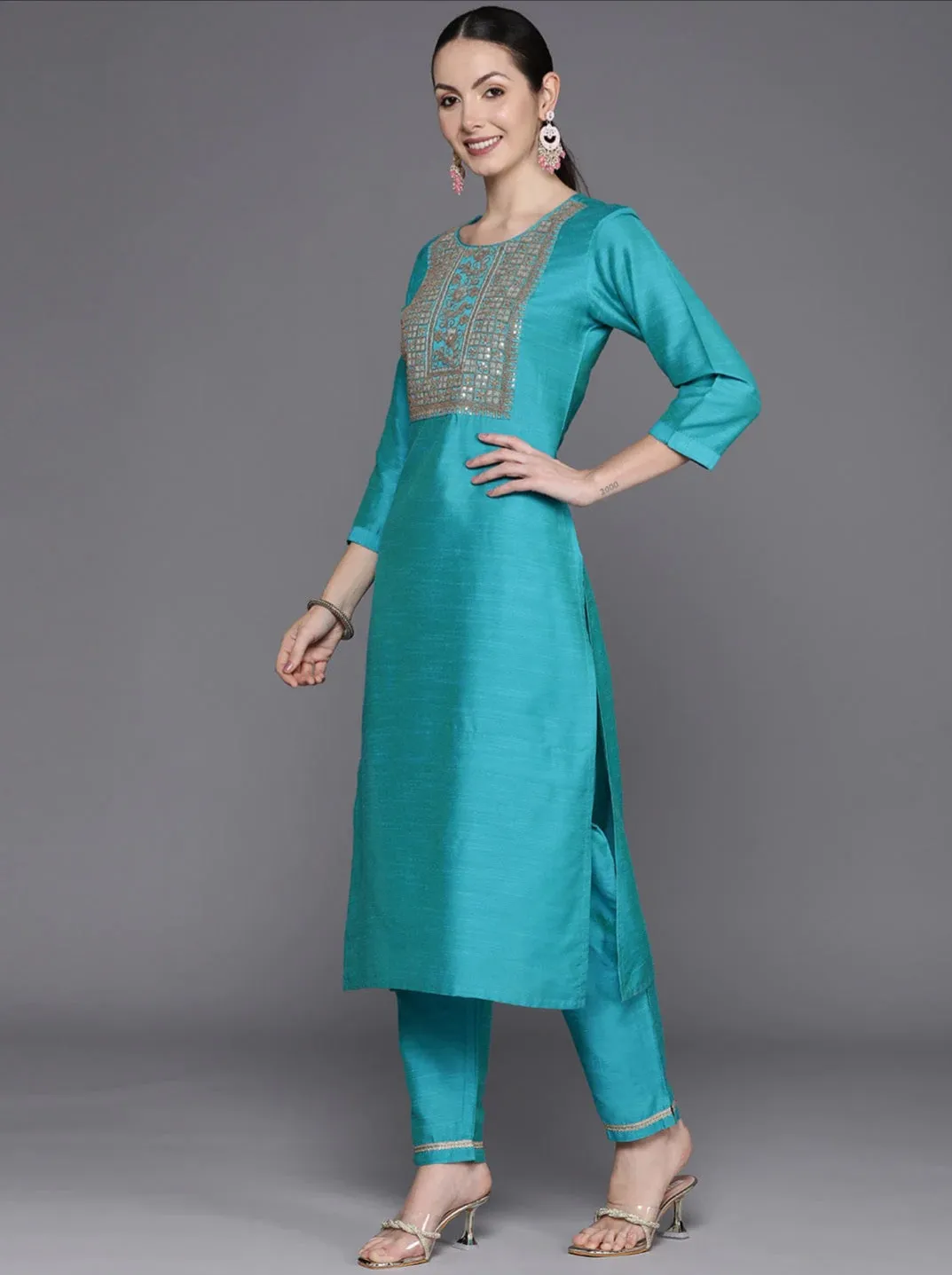 Blue Embroidered Sequinned Kurta Set