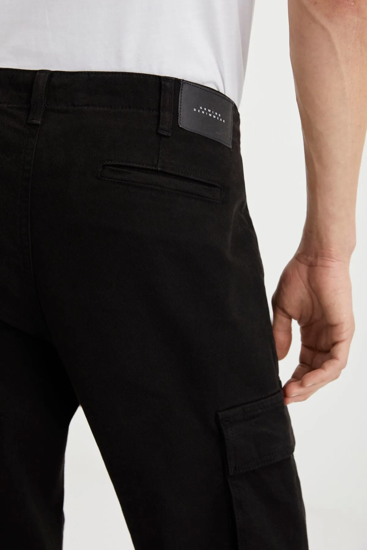 Brando Men's Cargo denim 5 pocket washed ornamental label detailed thick textured flexible structure black jeans