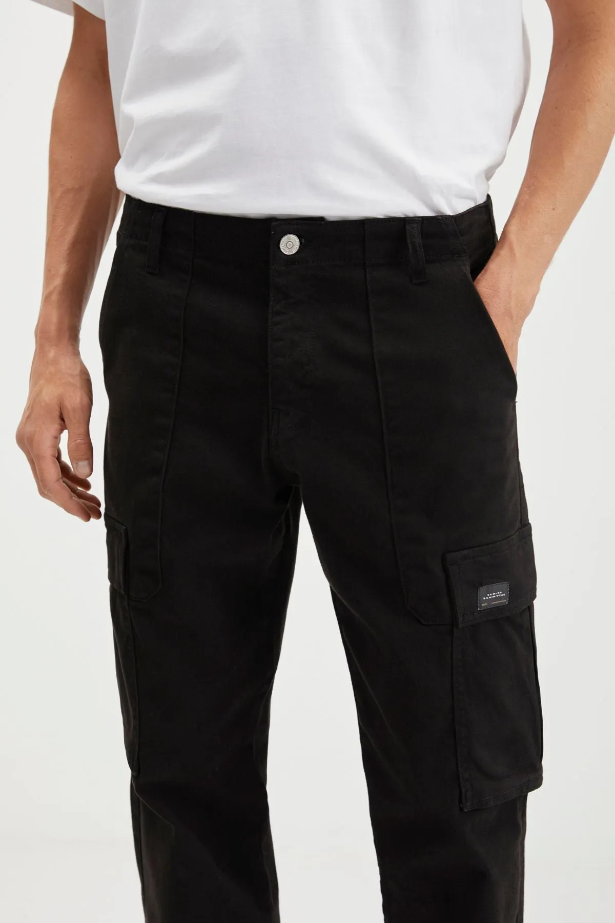 Brando Men's Cargo denim 5 pocket washed ornamental label detailed thick textured flexible structure black jeans