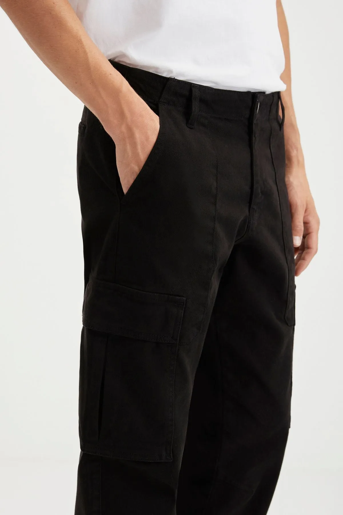 Brando Men's Cargo denim 5 pocket washed ornamental label detailed thick textured flexible structure black jeans