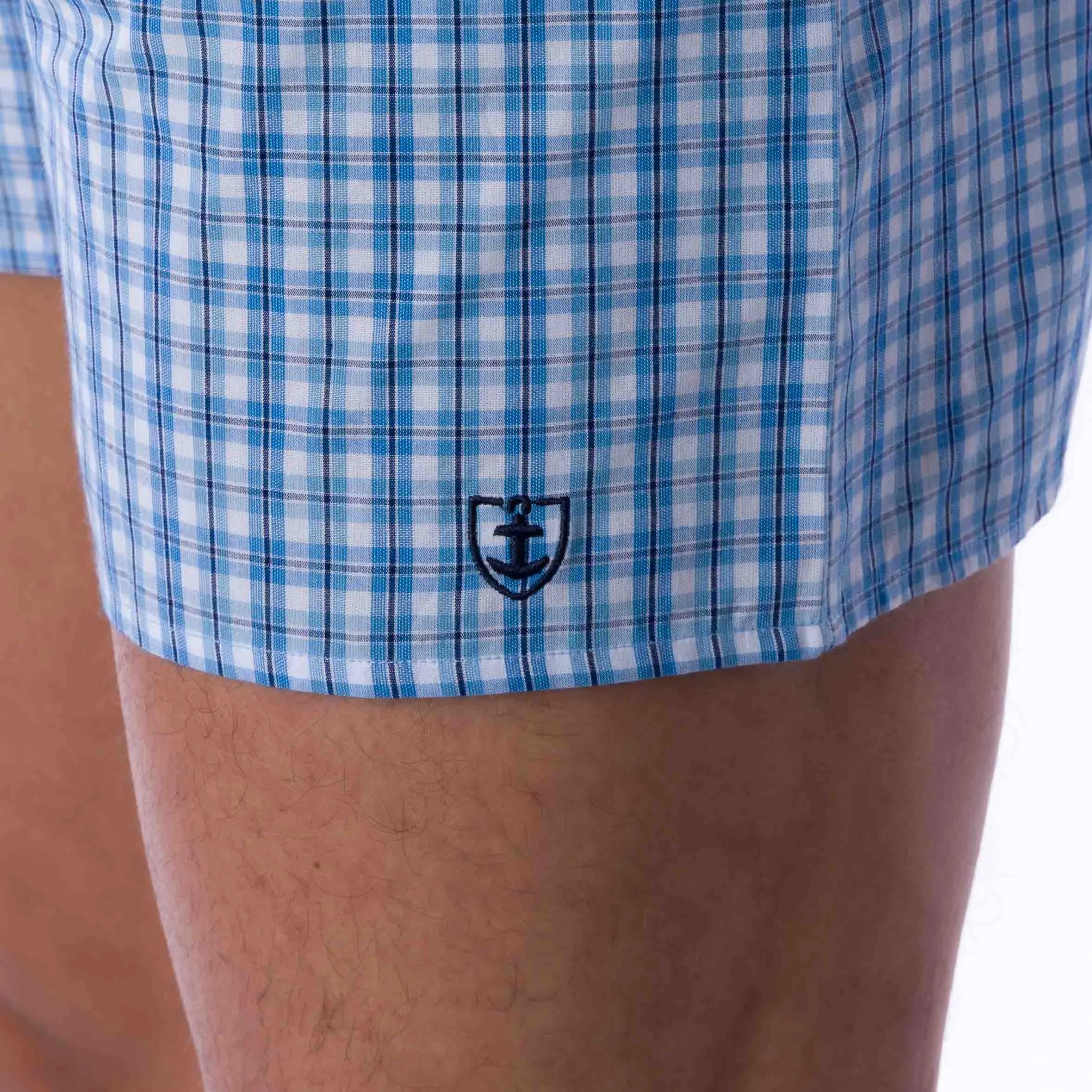 Caleçon avec Slip Intérieur en Popeline Pur Coton Carreaux Bleu