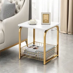 DDS Dream Decor Shoppee Coffee Table Side Table MDF Metal, with Storage Basket for Living Bedroom Table Laptop Desk Furniture for Living Side End Table for Living Room, Bedroom Office (Golden & White)