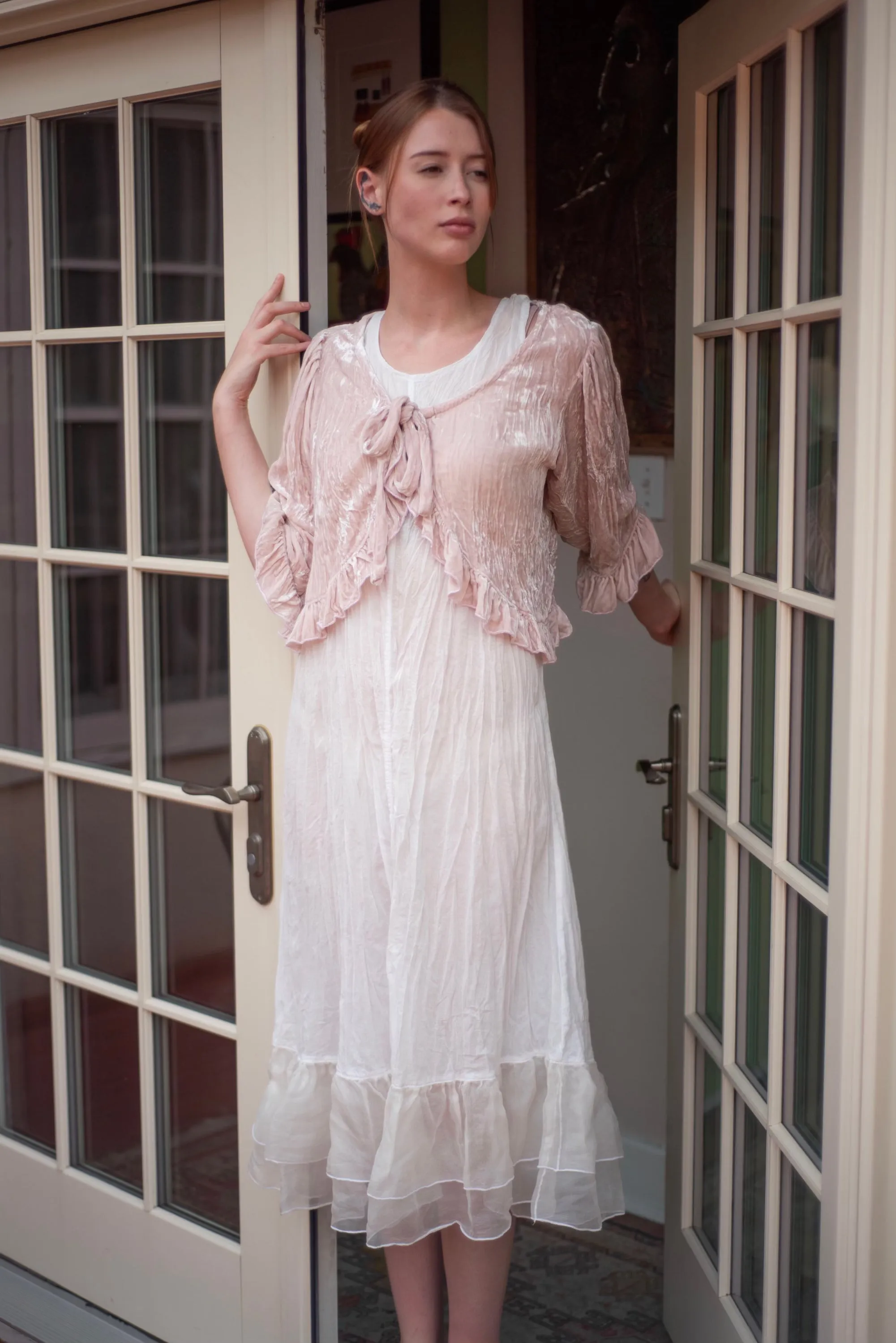 Double Ruffle Long Slip Cotton with Silk Organdy Ruffle Bottom