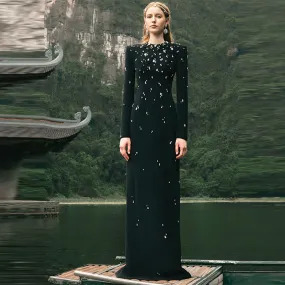 Elegant Beaded Rhinestone Long Sleeve Formal Dress
