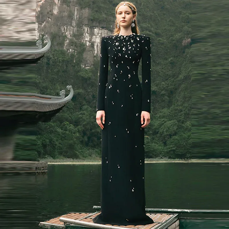 Elegant Beaded Rhinestone Long Sleeve Formal Dress