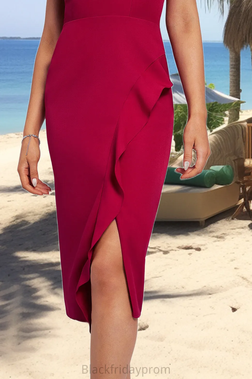 Elizabeth Bodycon V-Neck Knee-Length Stretch Crepe Homecoming Dress With Ruffle BF2P0020522