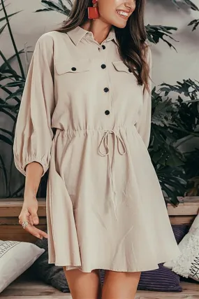 elveswallet Elegant Linen Lantern Sleeve Shirt Dress