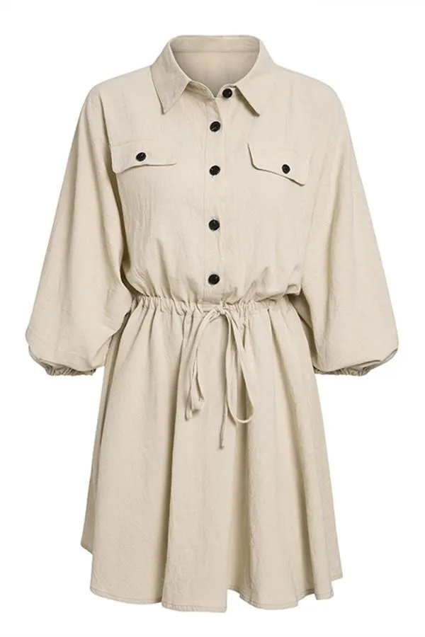 elveswallet Elegant Linen Lantern Sleeve Shirt Dress