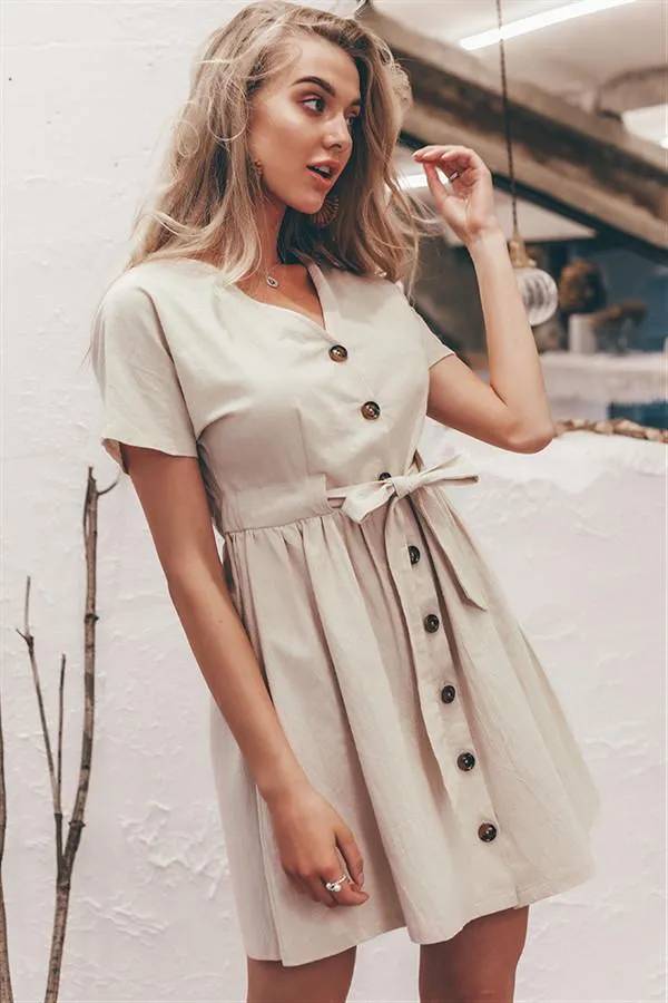 elveswallet Elegant Linen Lantern Sleeve Shirt Dress