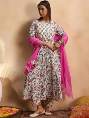 Floral Printed Cotton Anarkali Kurta Set