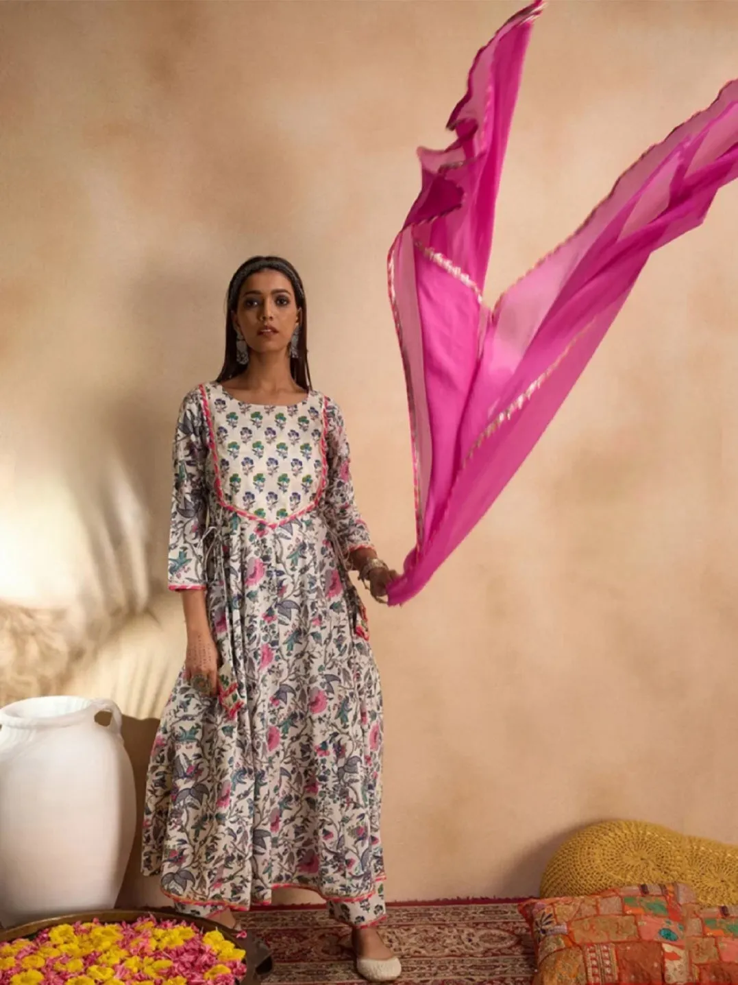 Floral Printed Cotton Anarkali Kurta Set