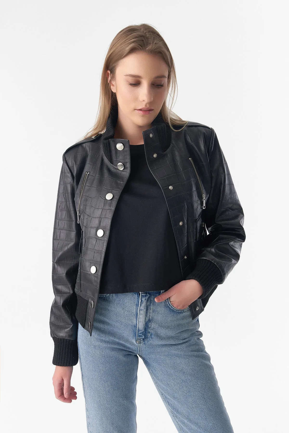 Genuine Leather Bomber Jacket, Crocodile Emboss Black