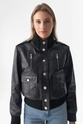Genuine Leather Bomber Jacket, Crocodile Emboss Black
