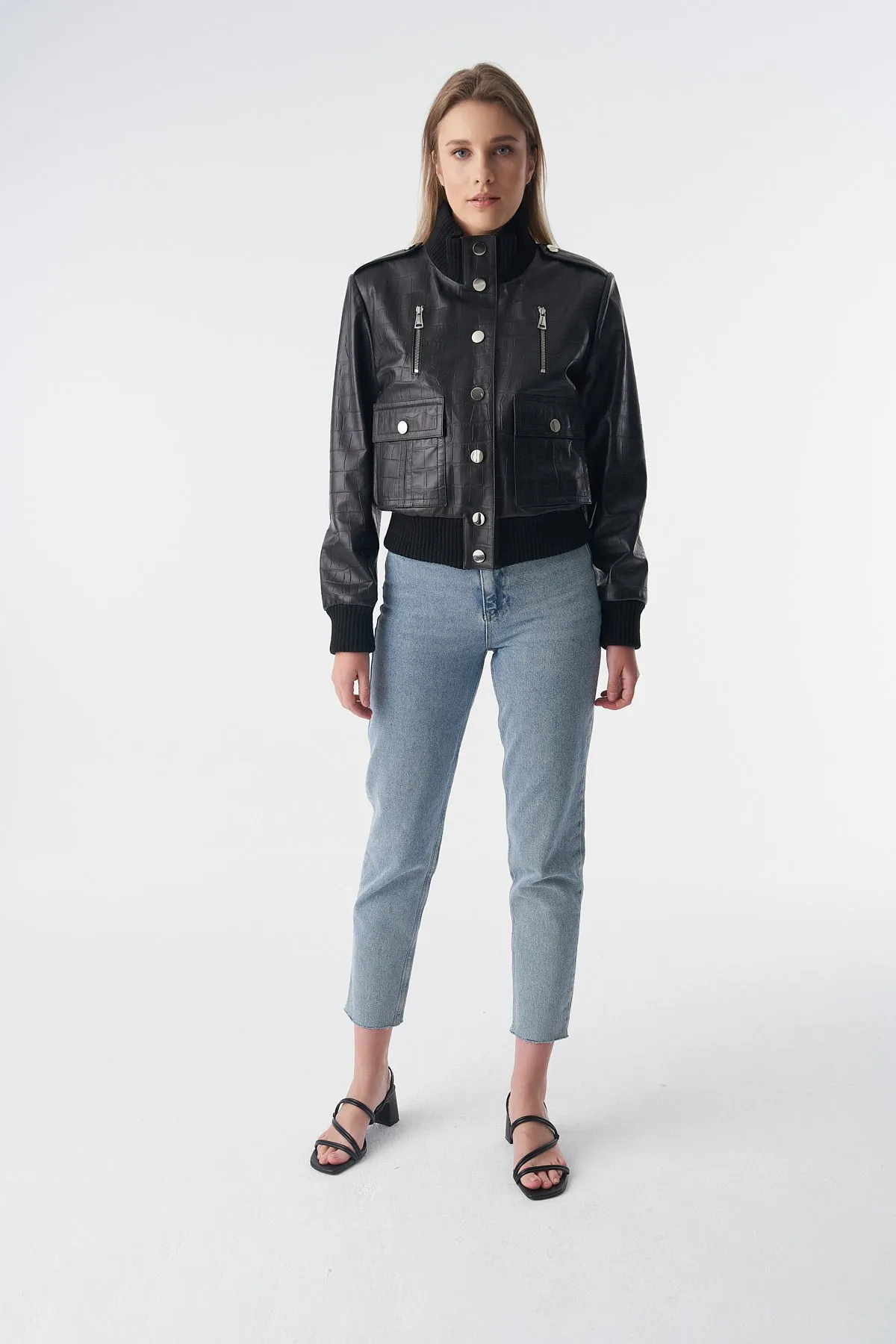 Genuine Leather Bomber Jacket, Crocodile Emboss Black