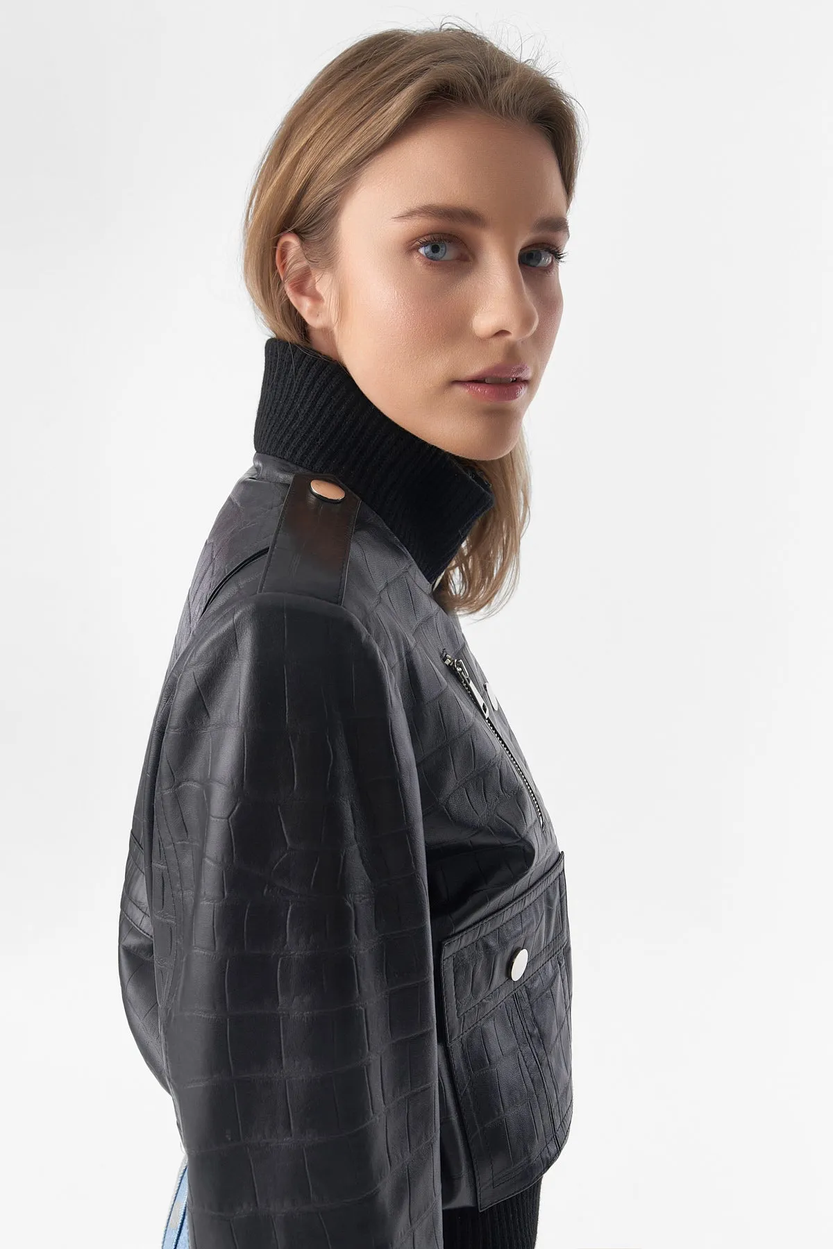 Genuine Leather Bomber Jacket, Crocodile Emboss Black