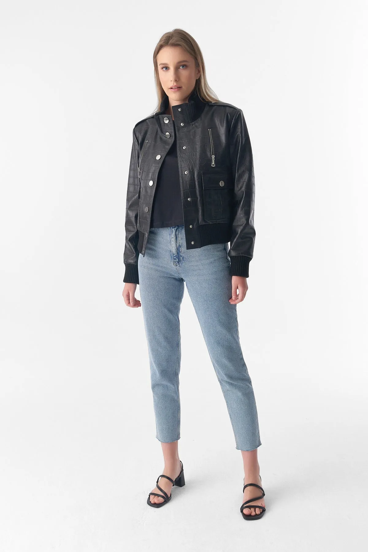 Genuine Leather Bomber Jacket, Crocodile Emboss Black