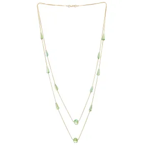 Gold Statement Necklace Two-Strand Long Chains with light Green Cone Crystal Beads Charms Pendant