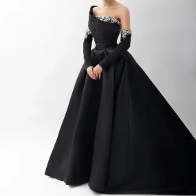 HELEN Luxury Black Satin Crystal One Shoulder Evening Dress