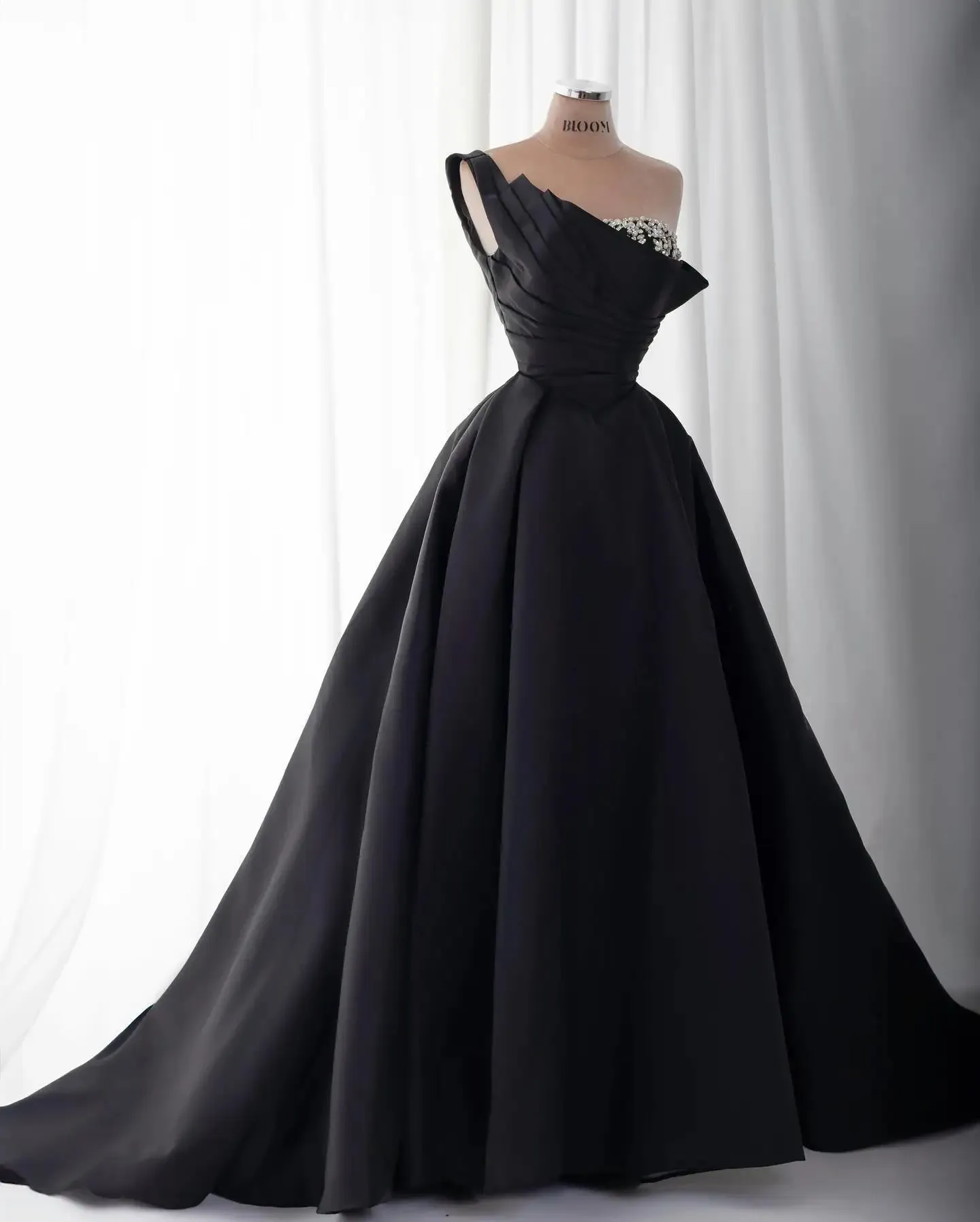 HELEN Luxury Black Satin Crystal One Shoulder Evening Dress