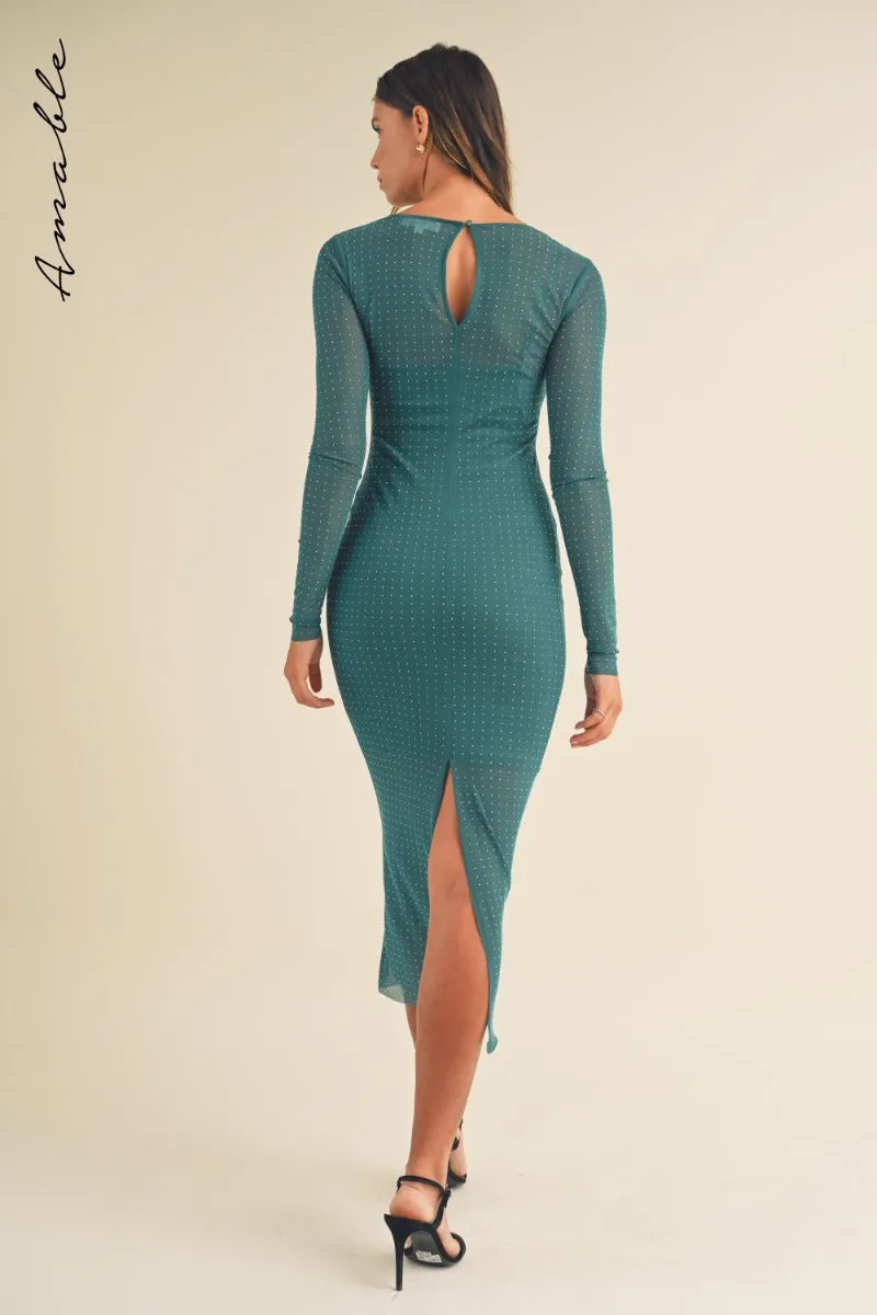 Juliet | Teal Rhinestone Mesh Long Sleeve Maxi Dress