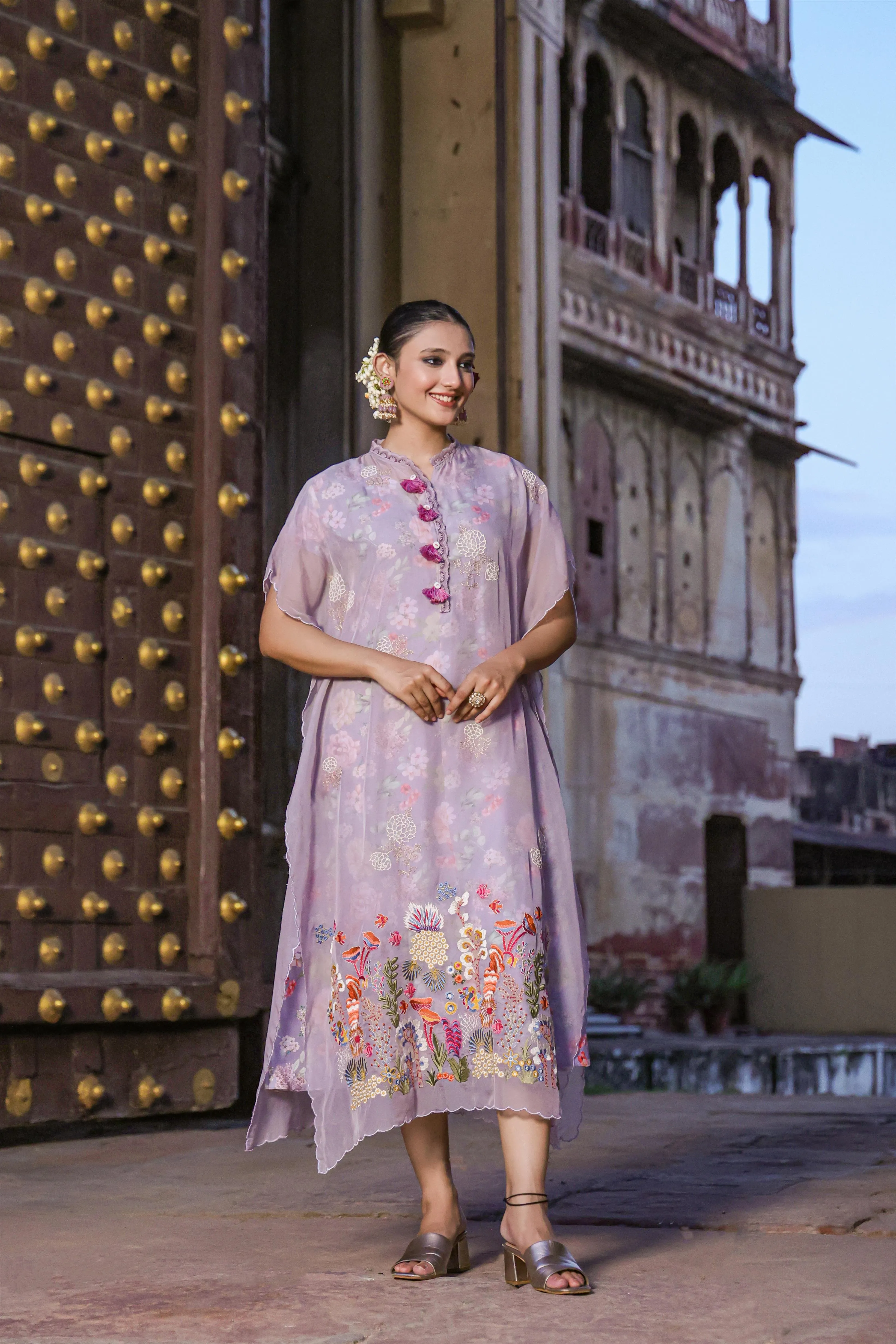 Lavender Linen Floral Print Midi Dress With Organza Embroidered Kaftan