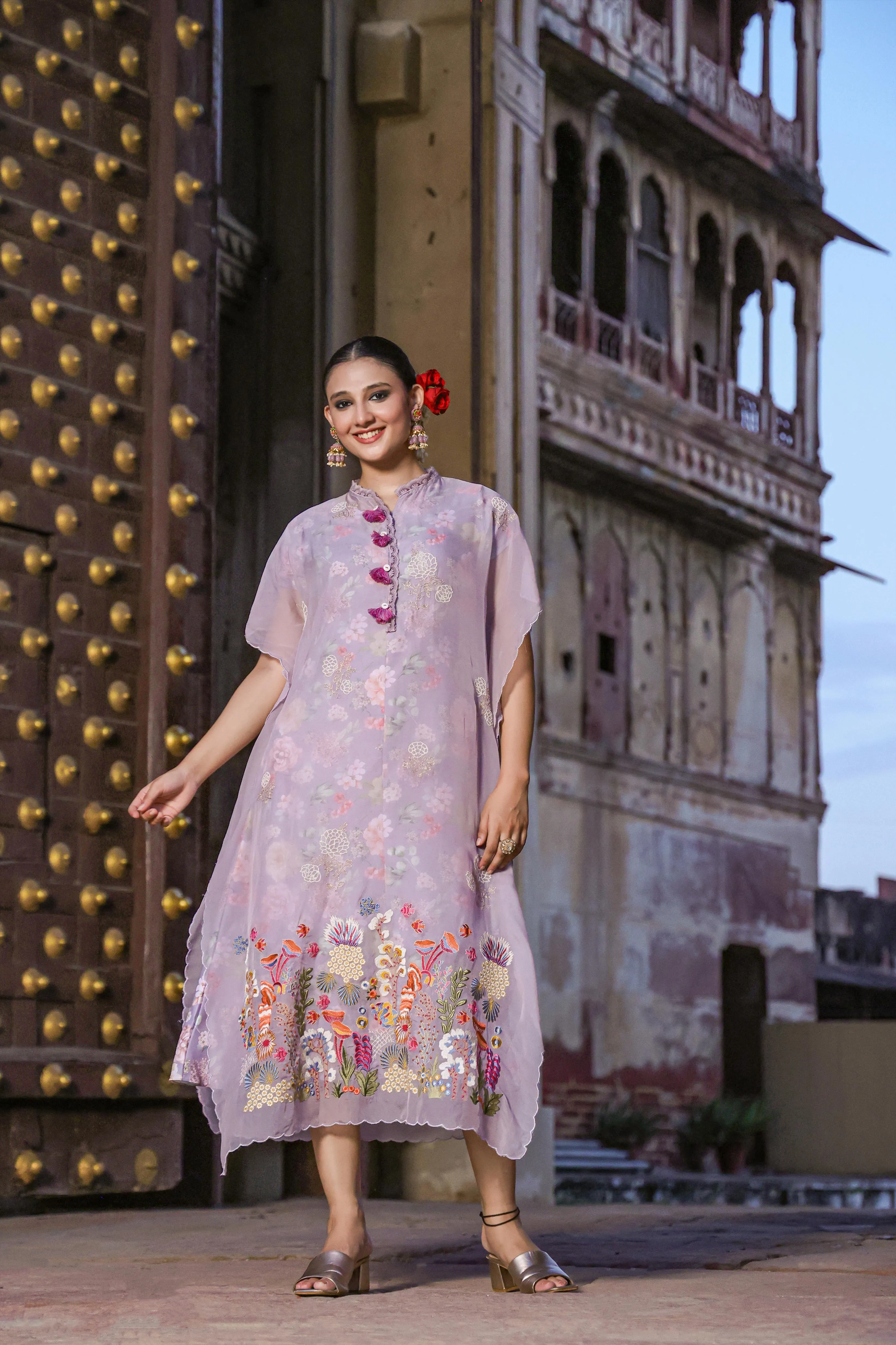 Lavender Linen Floral Print Midi Dress With Organza Embroidered Kaftan