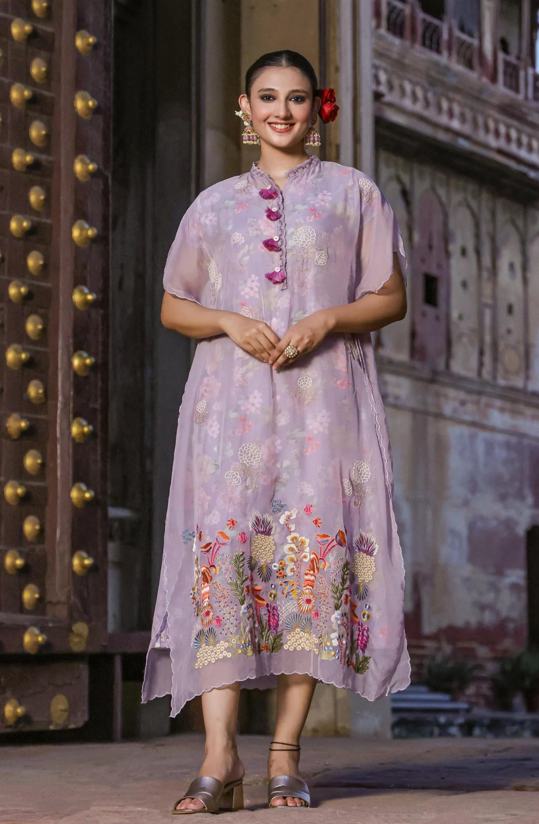 Lavender Linen Floral Print Midi Dress With Organza Embroidered Kaftan