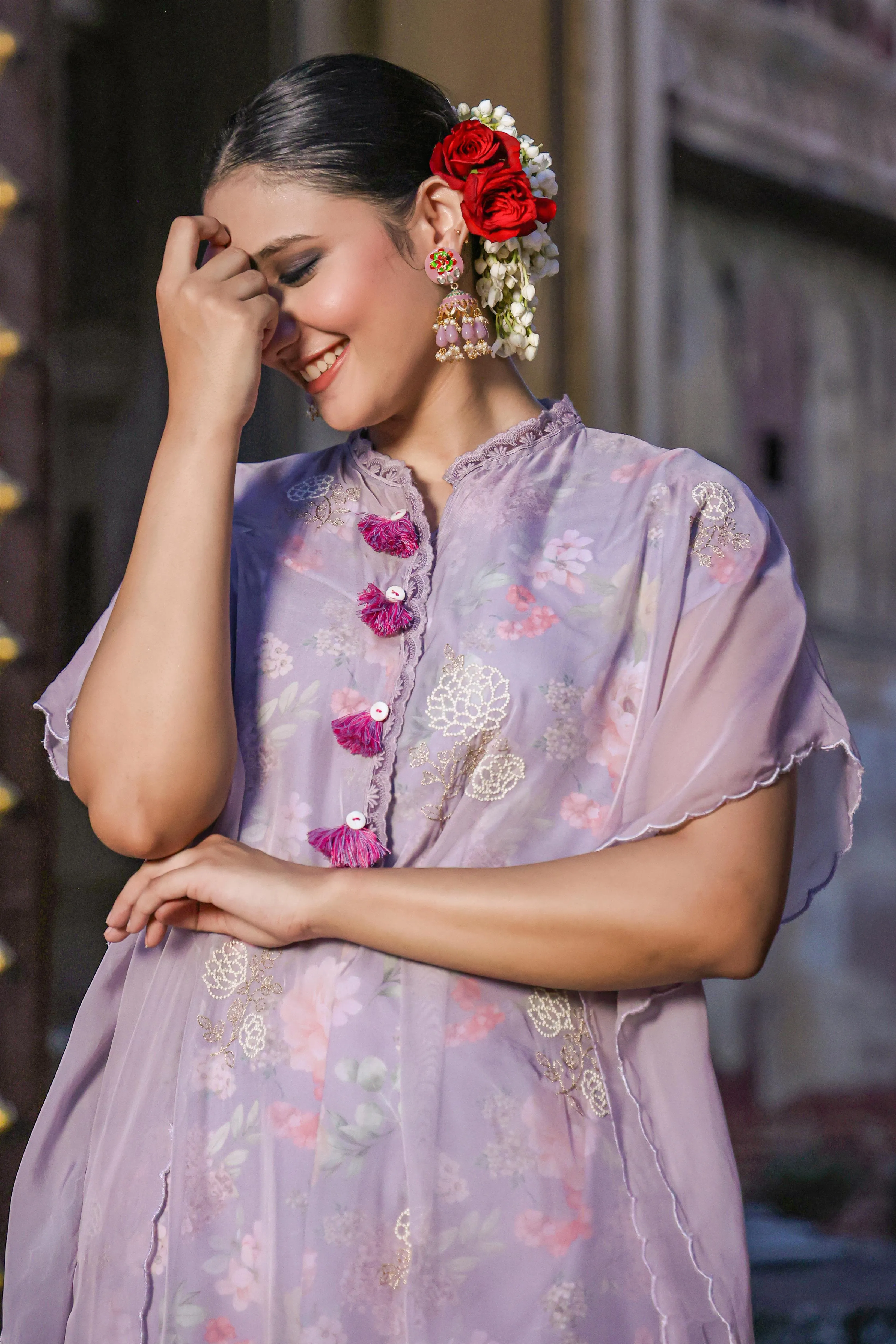Lavender Linen Floral Print Midi Dress With Organza Embroidered Kaftan