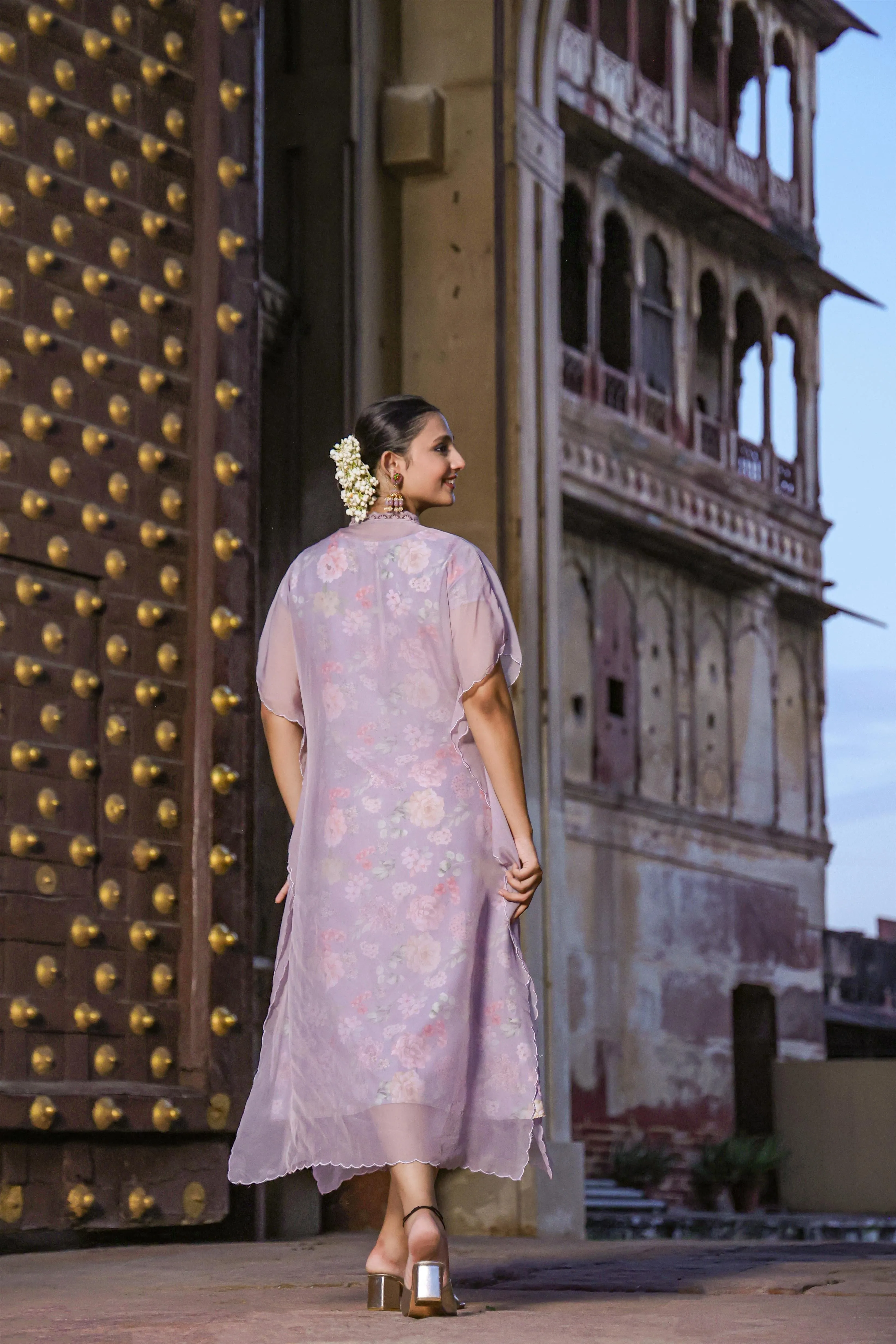 Lavender Linen Floral Print Midi Dress With Organza Embroidered Kaftan