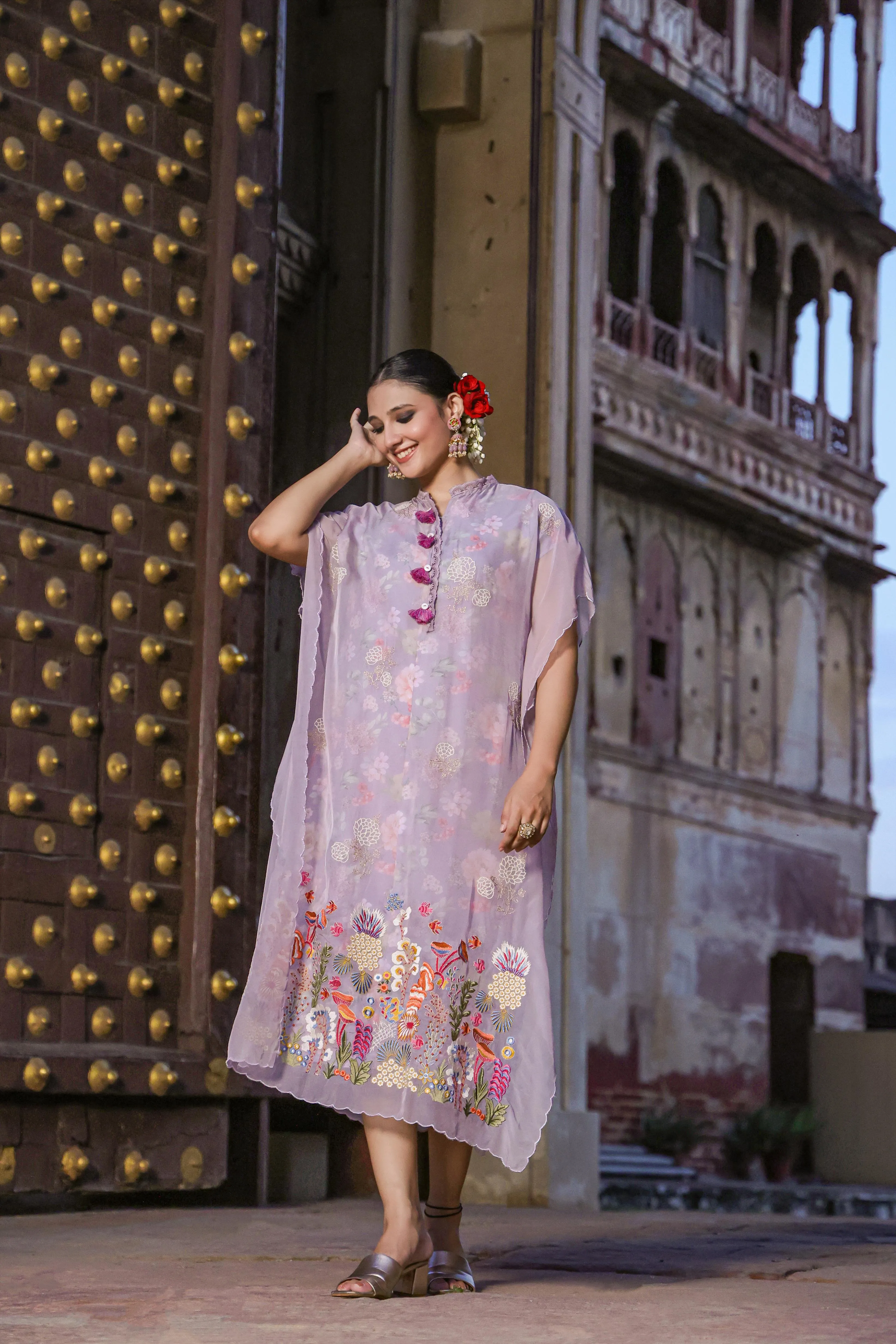 Lavender Linen Floral Print Midi Dress With Organza Embroidered Kaftan